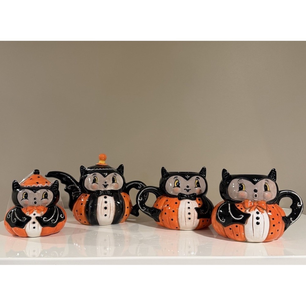 Johanna Parker Bat Tea Set - Tea Pot, Mugs & Sugar Bowl - Halloween Decor